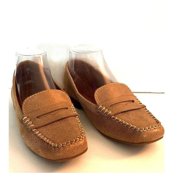 Donald J Pliner Sz 6M Tan Gold Metallic Brushed Off Leather Upper Penny Loafer - Picture 1 of 13